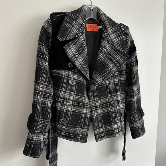 Juicy Couture Vintage Y2K Black Grey Tweed Crop Pea Jacket | Size 2 - Picture 3 of 10